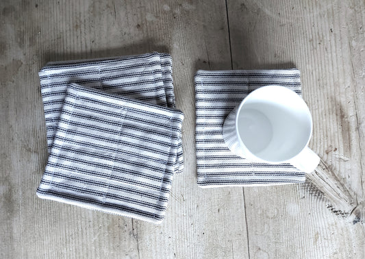 Set of 6 cotton coasters - black/off-white ticking