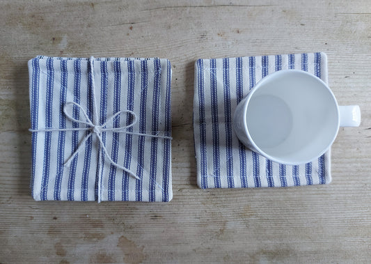 Set of 6 cotton coasters - blue/white ticking