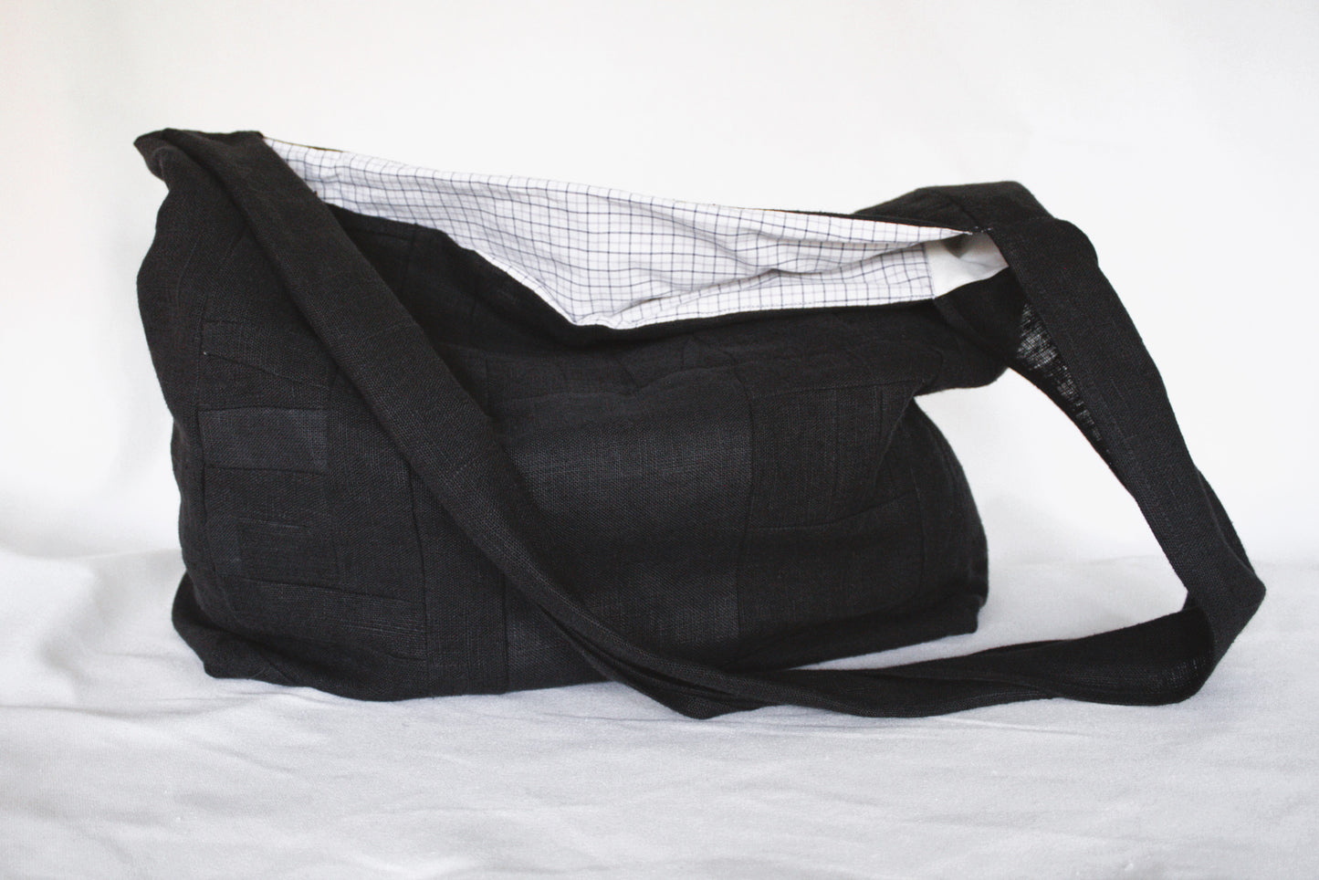 Messenger - black patchwork linen crossbody bag