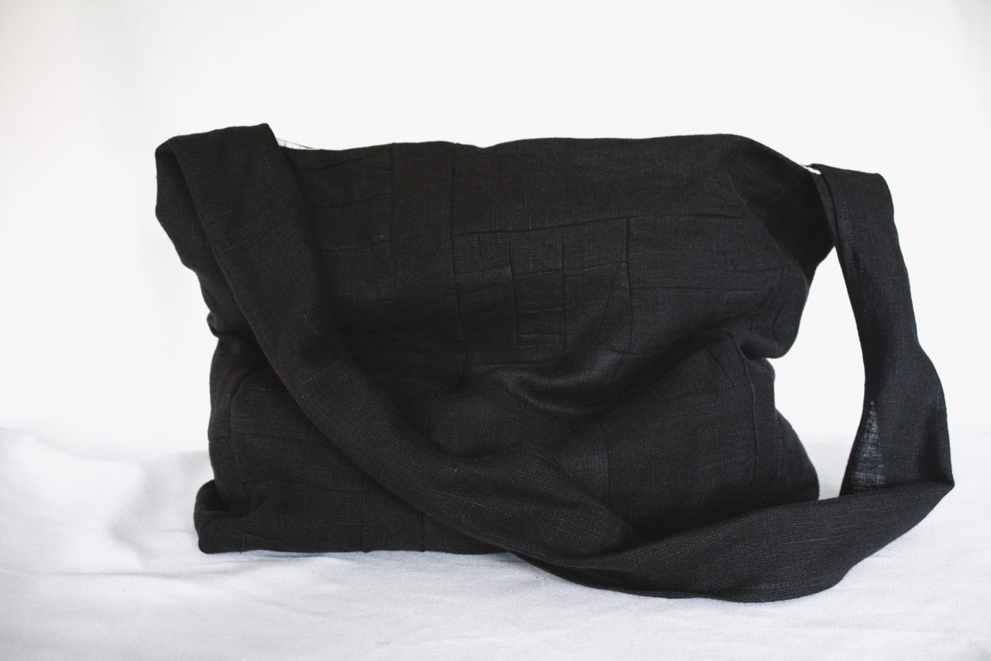 Messenger - black patchwork linen crossbody bag