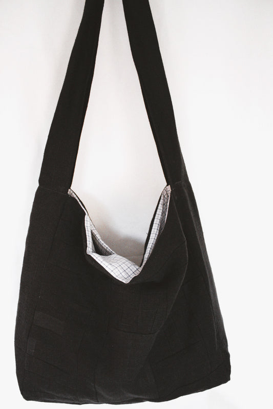 Messenger - black patchwork linen crossbody bag