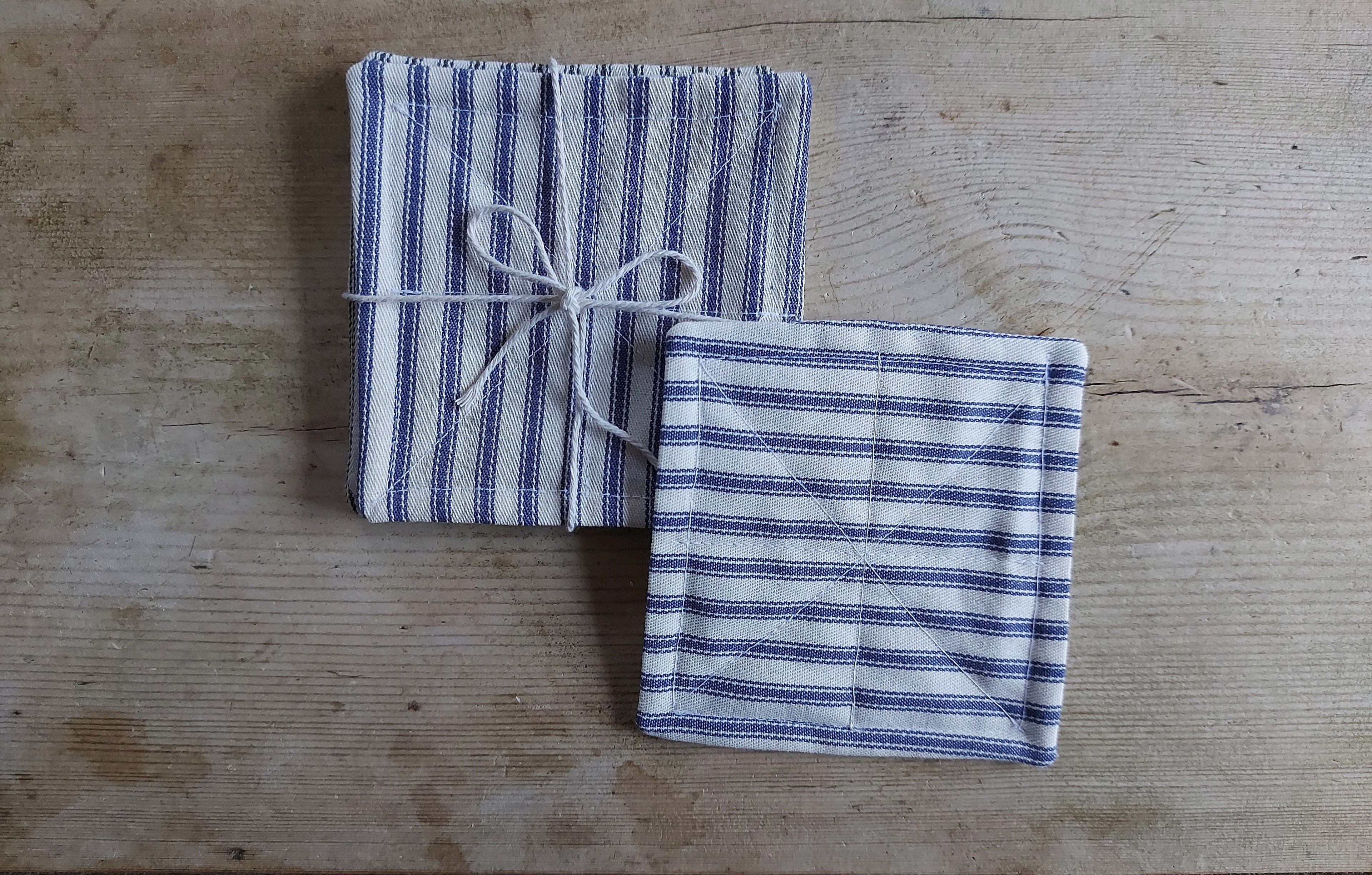 Set of 6 cotton coasters - blue/white ticking