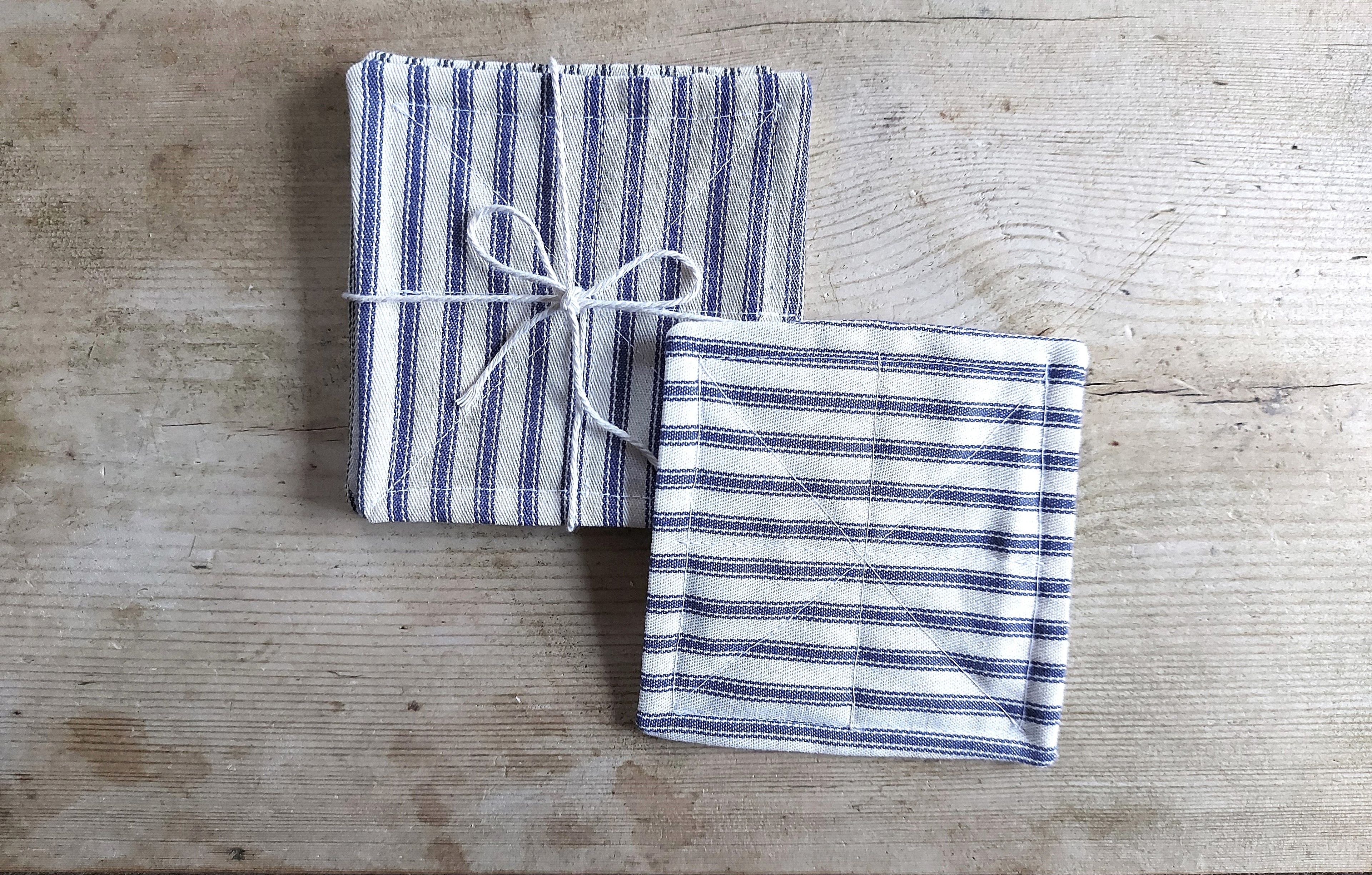 Set of 6 cotton coasters - blue/white ticking