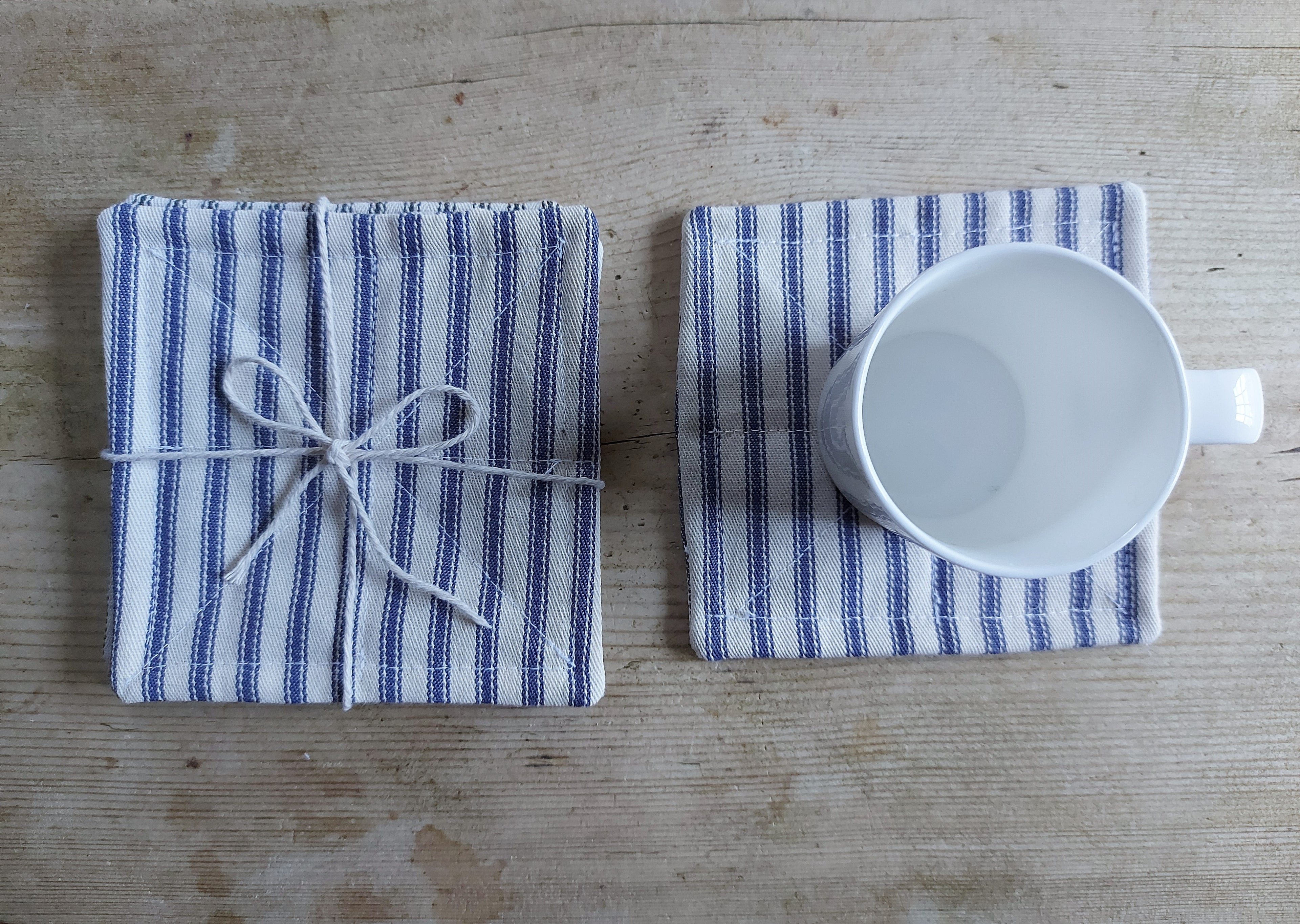 Set of 6 cotton coasters - blue/white ticking