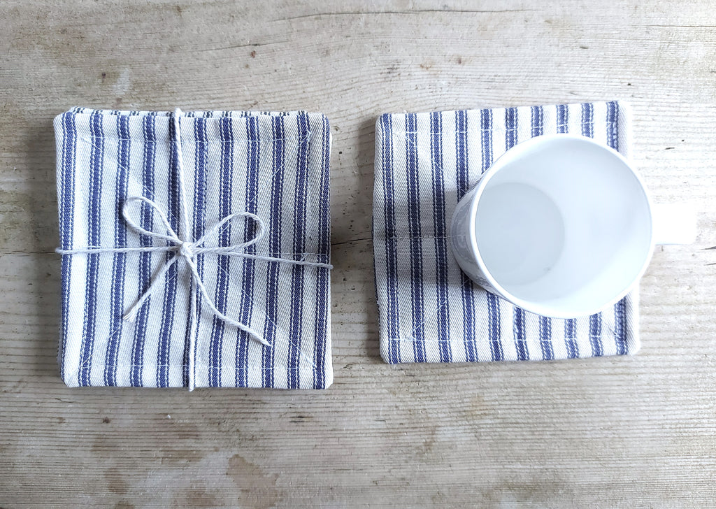 Set of 6 cotton coasters - blue/white ticking