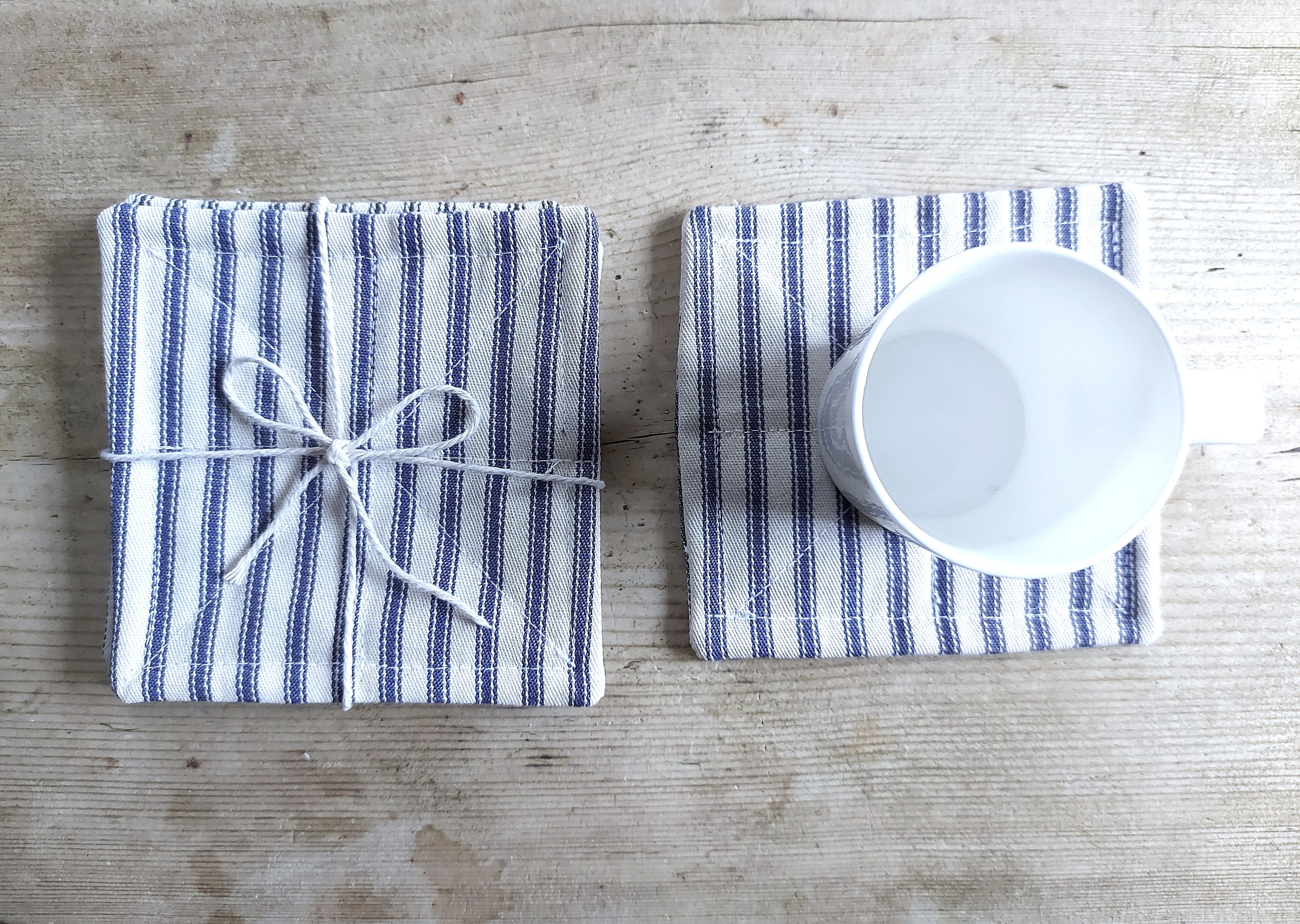 Set of 6 cotton coasters - blue/white ticking