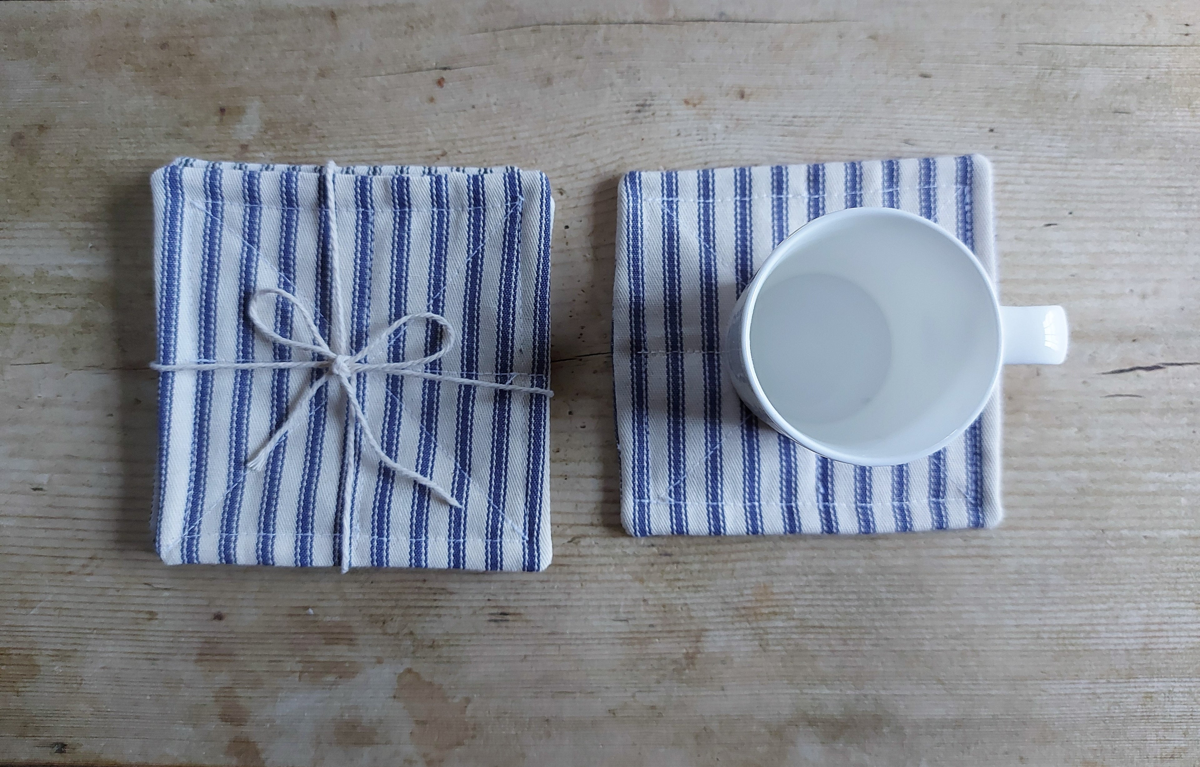 Set of 6 cotton coasters - blue/white ticking