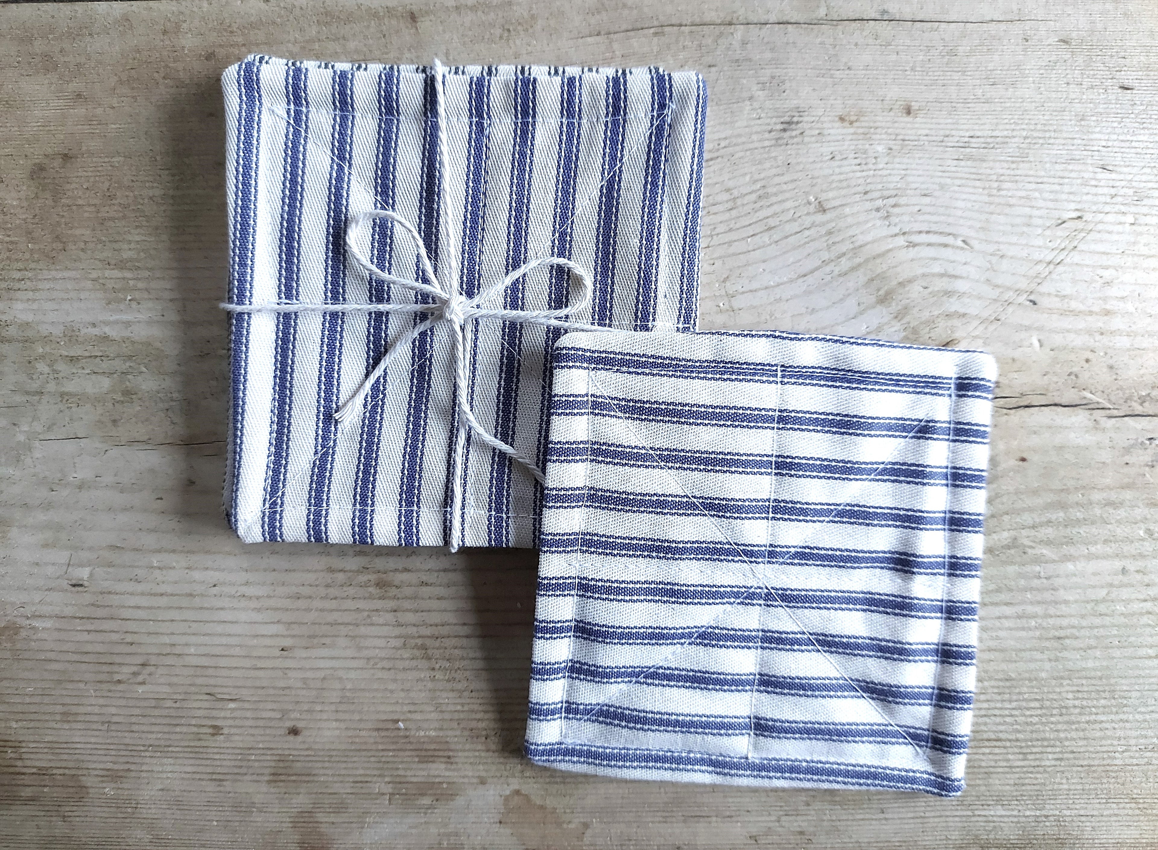 Set of 6 cotton coasters - blue/white ticking