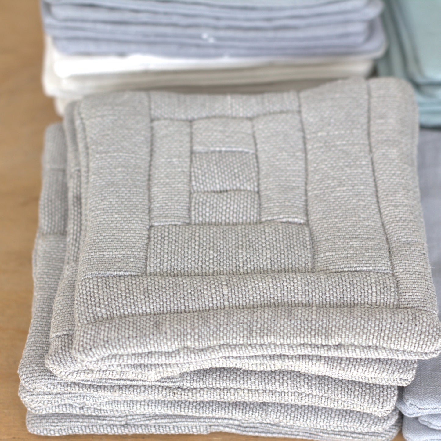 Set of 6 Patchwork Linen Coasters, Minimalist Sustainable Drink Coasters