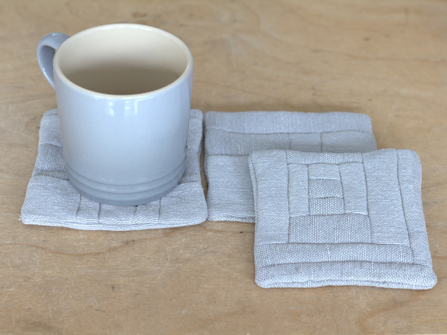 Set of 6 Patchwork Linen Coasters, Minimalist Sustainable Drink Coasters