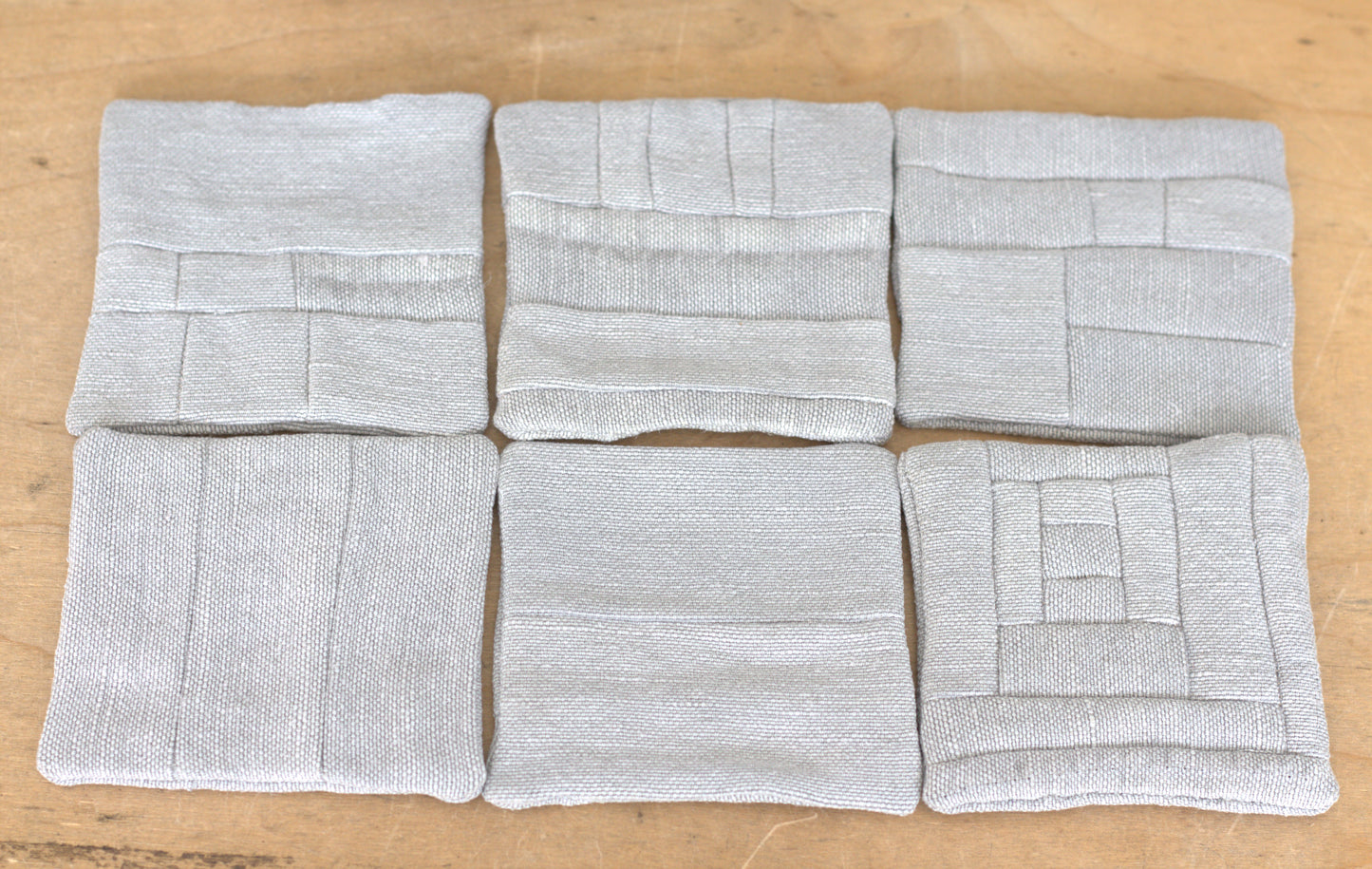 Set of 6 Patchwork Linen Coasters, Minimalist Sustainable Drink Coasters