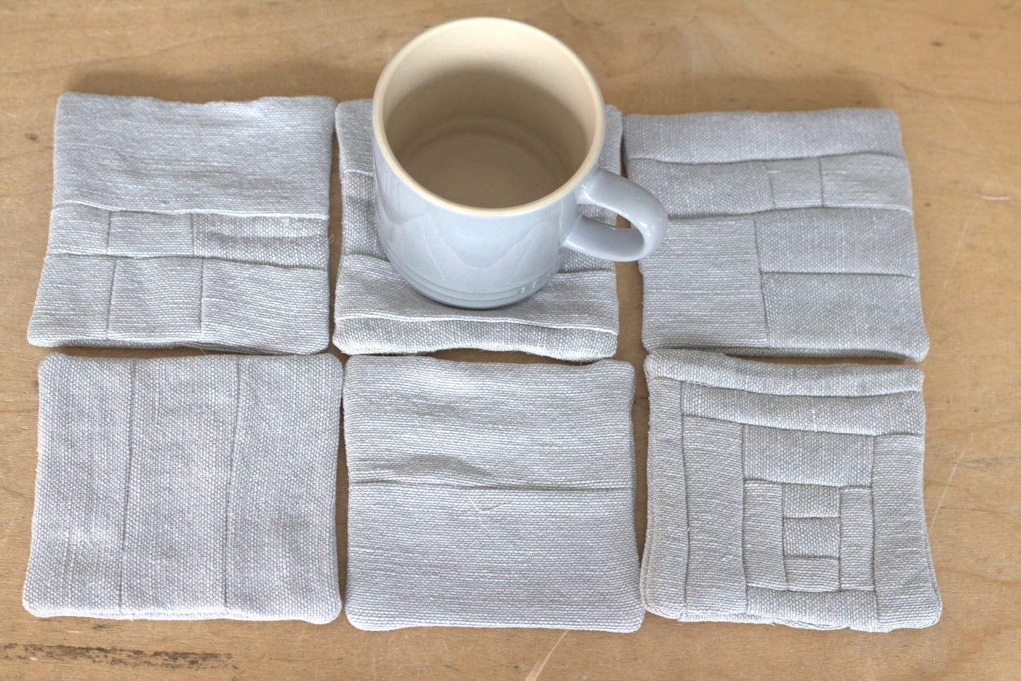 Set of 6 Patchwork Linen Coasters, Minimalist Sustainable Drink Coasters